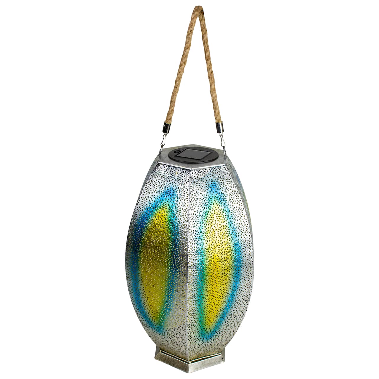 15.5" Silver Floral Outdoor Hanging Solar Lantern with Jute Handle